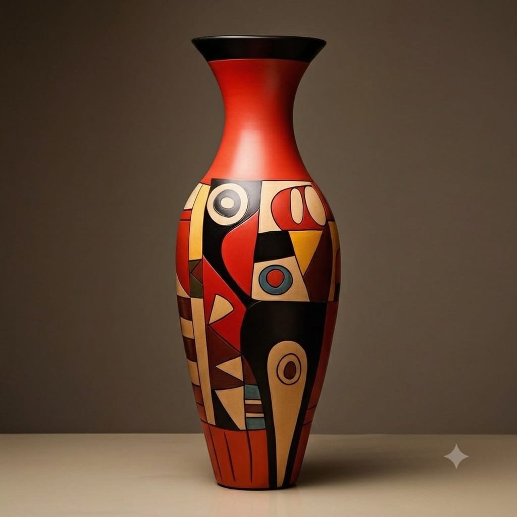 Abstract Geometric Handpainted Ceramic Vase - Red 15% off