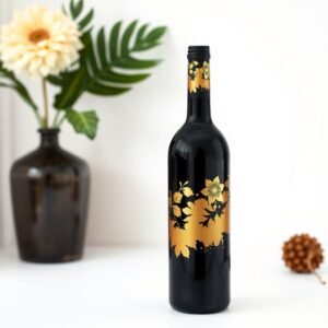 Wine Bottle Painted Vase Black Gold
